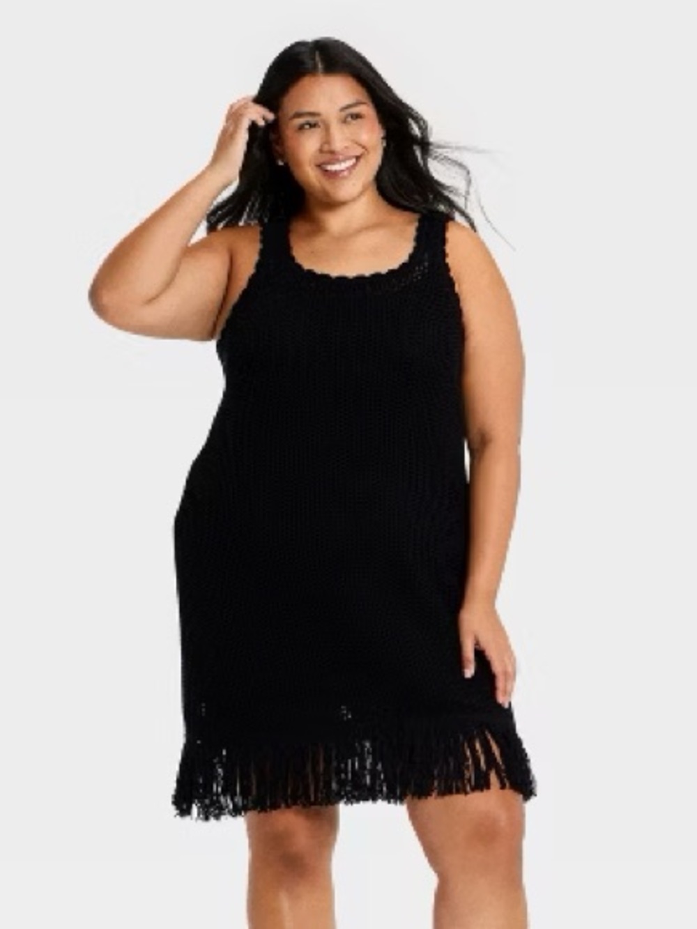 a new day Black Crochet Fringe Sleeveless Sweater Mini Dress